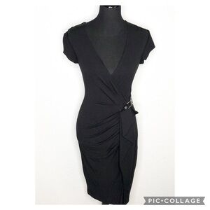 Cache black faux wrap buckle draped sheath dress size Small